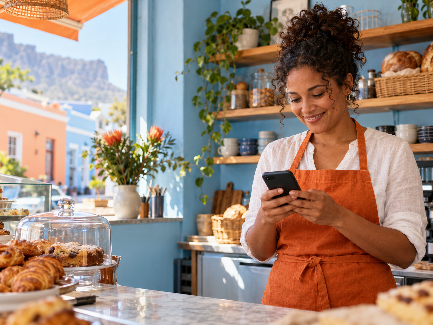 A neighbourhood bakery owner using her phone behind the counter of a colourful Cape Town shop